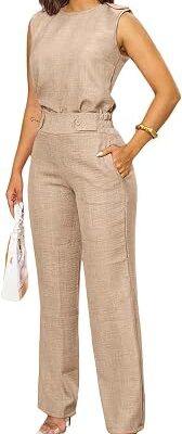 Women??s Sleeveless Belted Wide Leg Work Jumpsuit
