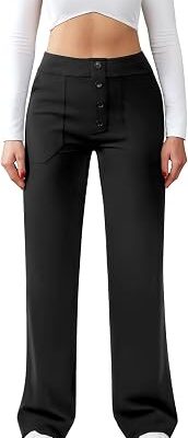 Women??s High Rise Button Front Wide Leg Trousers