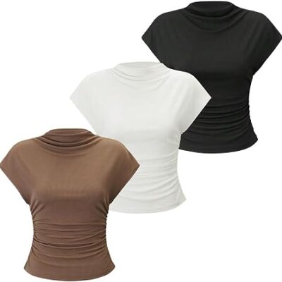 Women??s Ruched Mock Neck Short Sleeve Tops