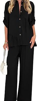 Women??s Button Front Shirt and Wide Leg Pants Set