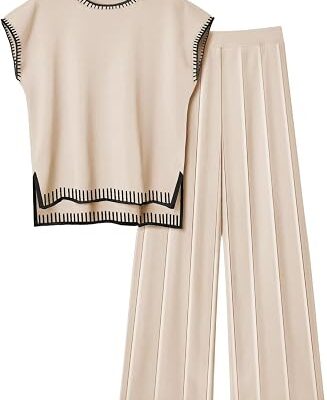 Women??s Contrast Trim Knit Top and Wide Leg Pants Set