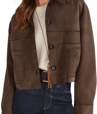 Women??s Faux Suede Cropped Button Front Jacket