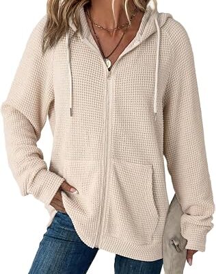 Women??s Waffle Knit Zip Up Hooded Cardigan
