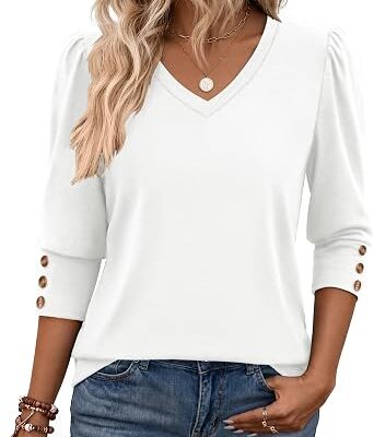 Women??s V-Neck Puff Sleeve Button Cuff Office Blouse