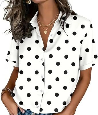 Women??s Polka Dot Short Sleeve Button Down Shirt