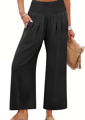 Women??s Smocked Waist Cropped Wide Leg Pants