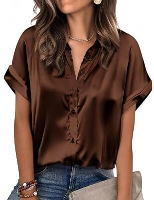 Women??s Satin Short Sleeve Button Front Blouse