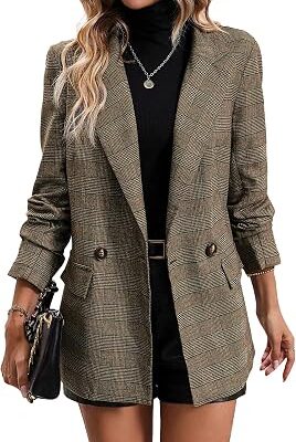 Women??s Plaid Long Sleeve Business Blazer Jacket