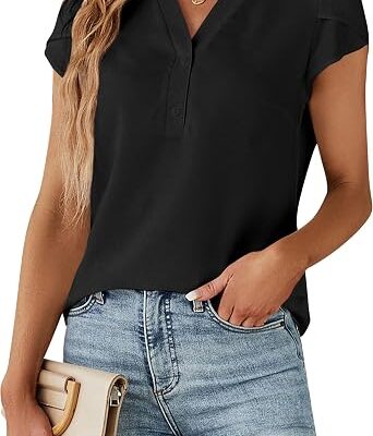 Women??s V-Neck Short Sleeve Button Front Office Blouse