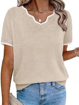 Women??s Contrast Trim Short Sleeve Knit V-Neck Top
