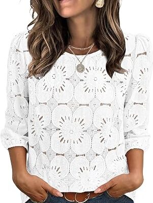 Women??s Floral Eyelet Three-Quarter Sleeve Lace Blouse