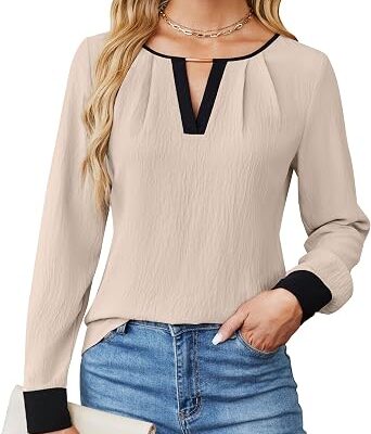 Women??s Contrast Trim Long Sleeve Split Neck Blouse