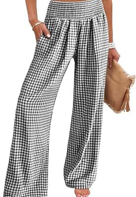 Women??s Gingham Smocked Waist Wide Leg Pants